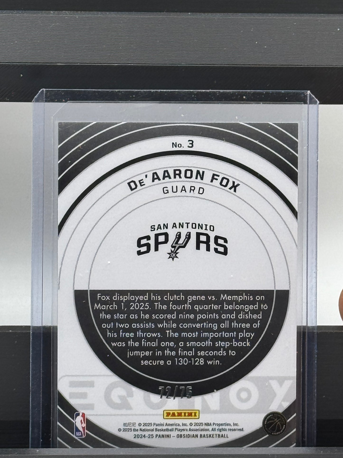 2024-25 Panini Obsidian #3 DeAaron Fox Equinox 72/75 San Antonio Spurs