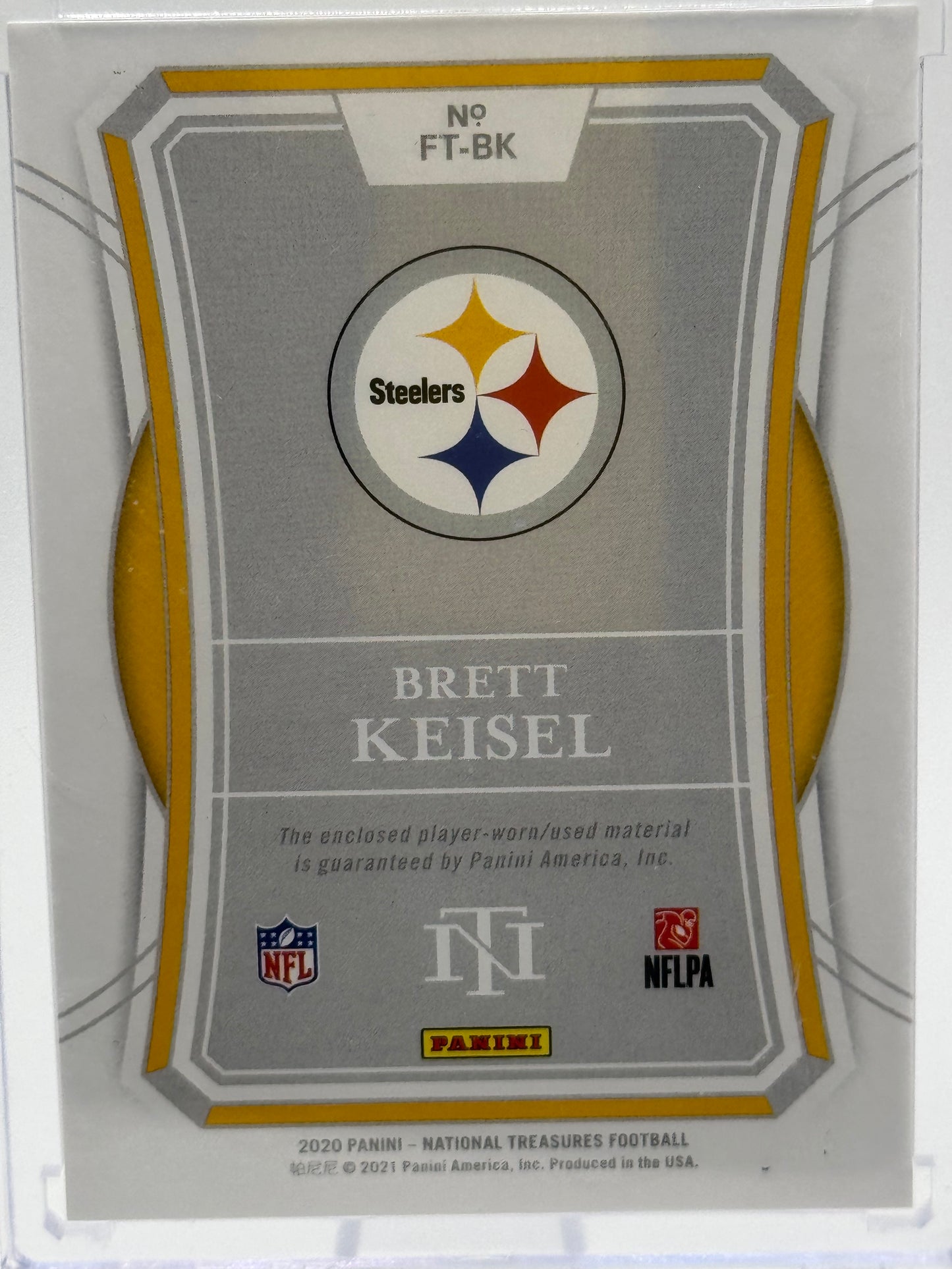 2020 Panini National Treasures #FT-BK Brett Keisel Franchise Treasures Player Worn Patch 15/99 Pittsburgh Steelers