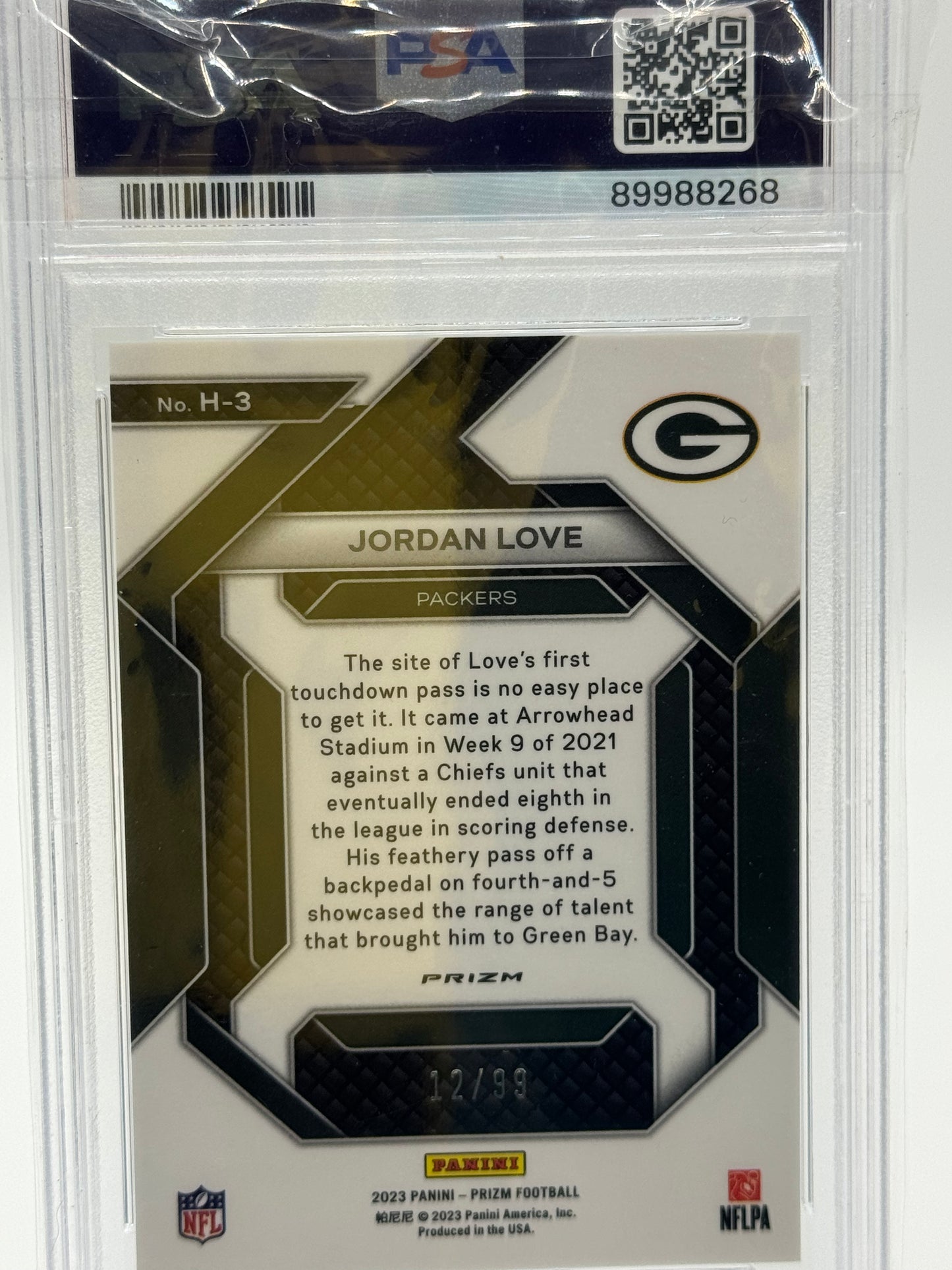2023 Panini Prizm #H3 Jordan Love Emergent Blue Ice 12/99 PSA 9 Green Bay Packers