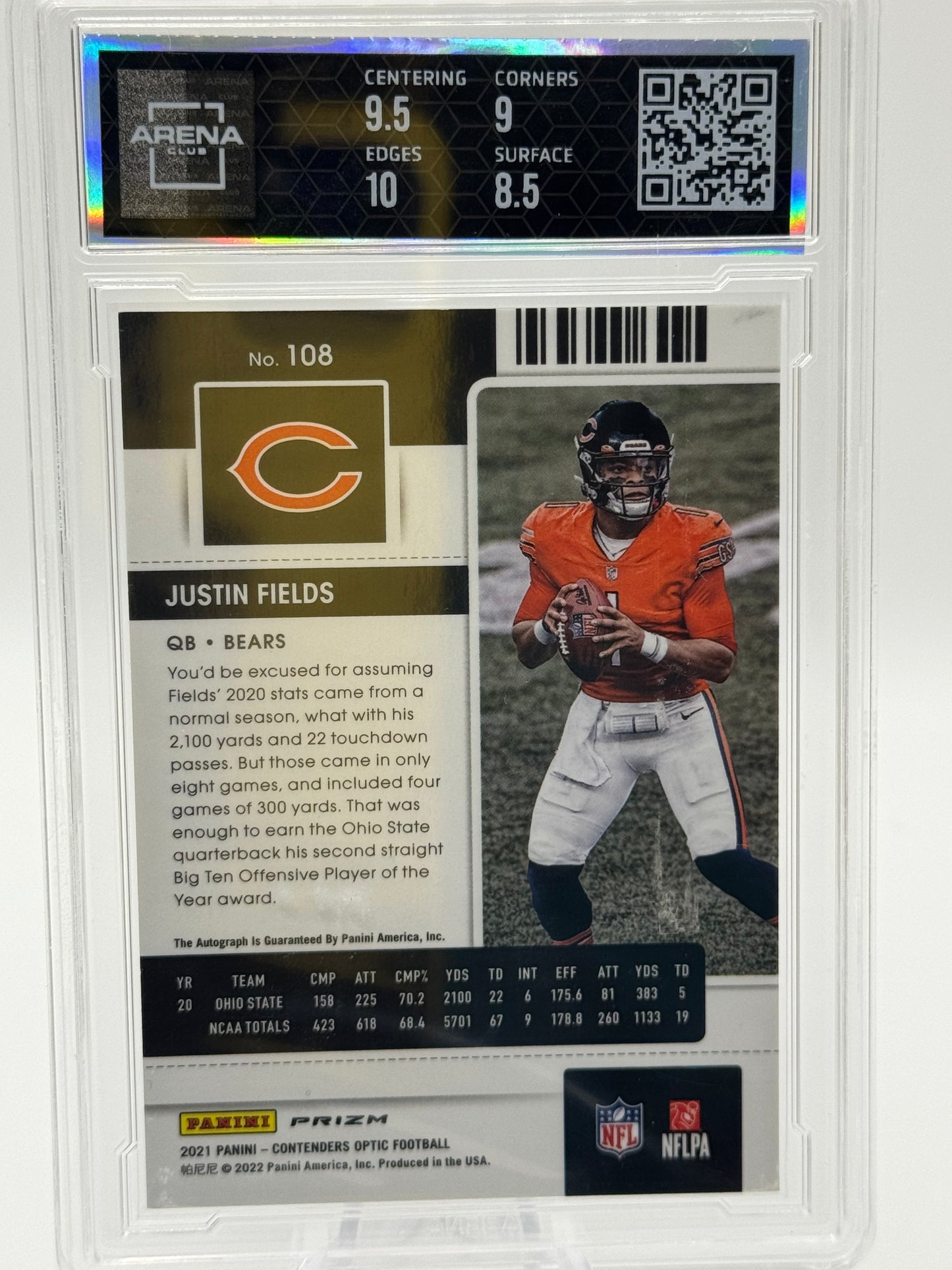 2021 Panini Contenders Optic #108 Justin Fields Rookie Ticket Auto Silver Arena Club 9 Chicago Bears