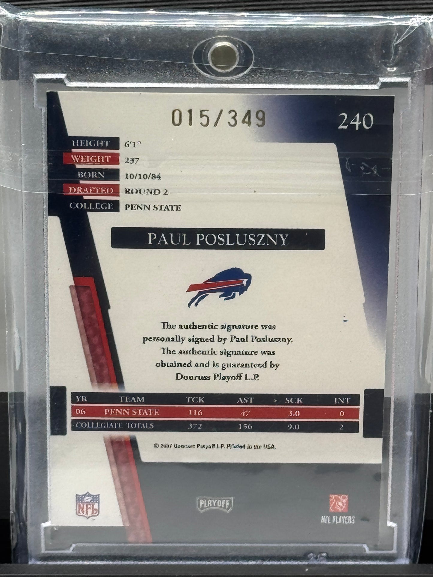2007 Donruss Playoff Absolute #240 Paul Posluszny 15/349 Buffalo Bills