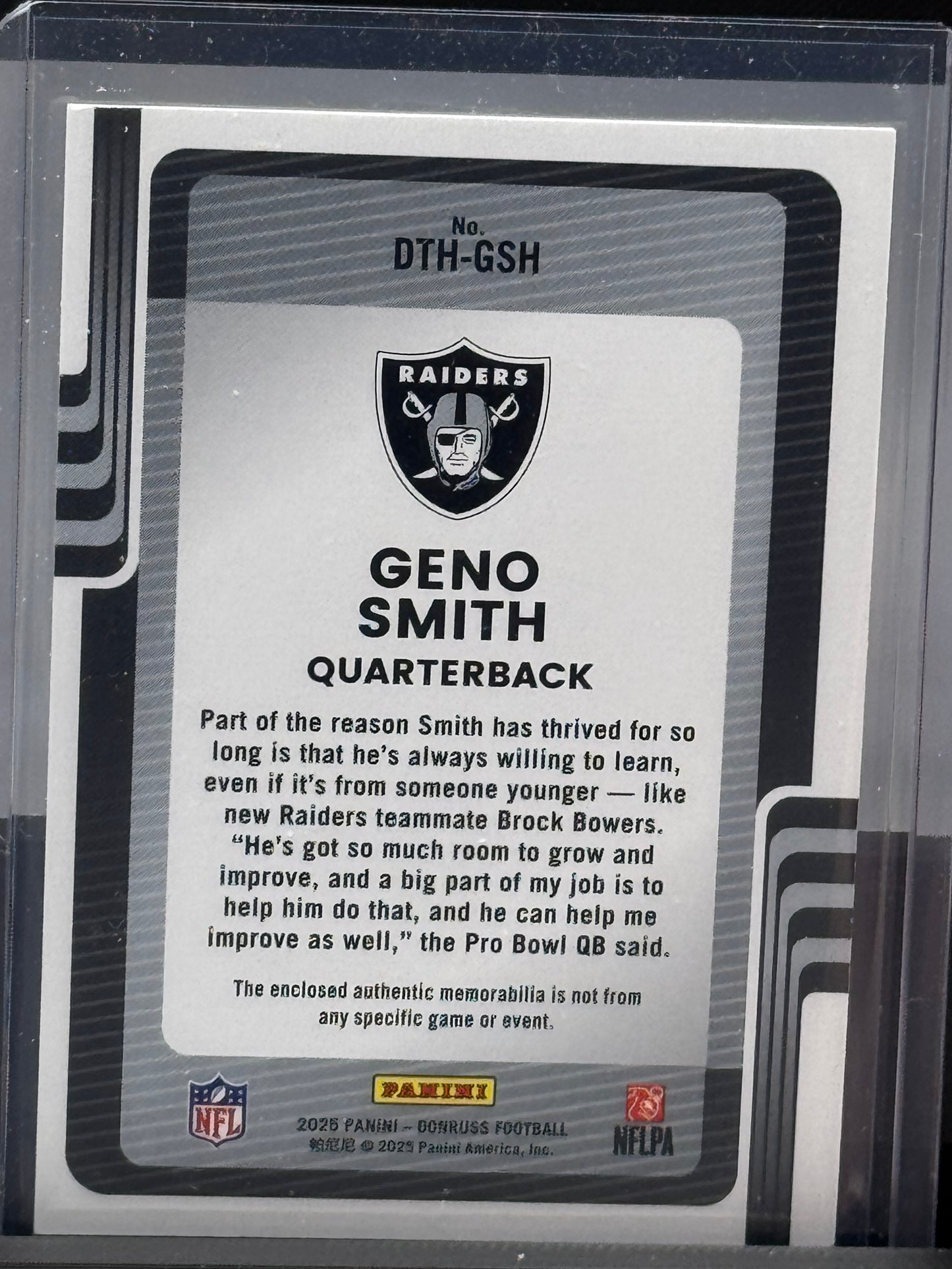 2025 Donruss #DTH-GSH Geno Smith Threads Patch Las Vegas Raiders