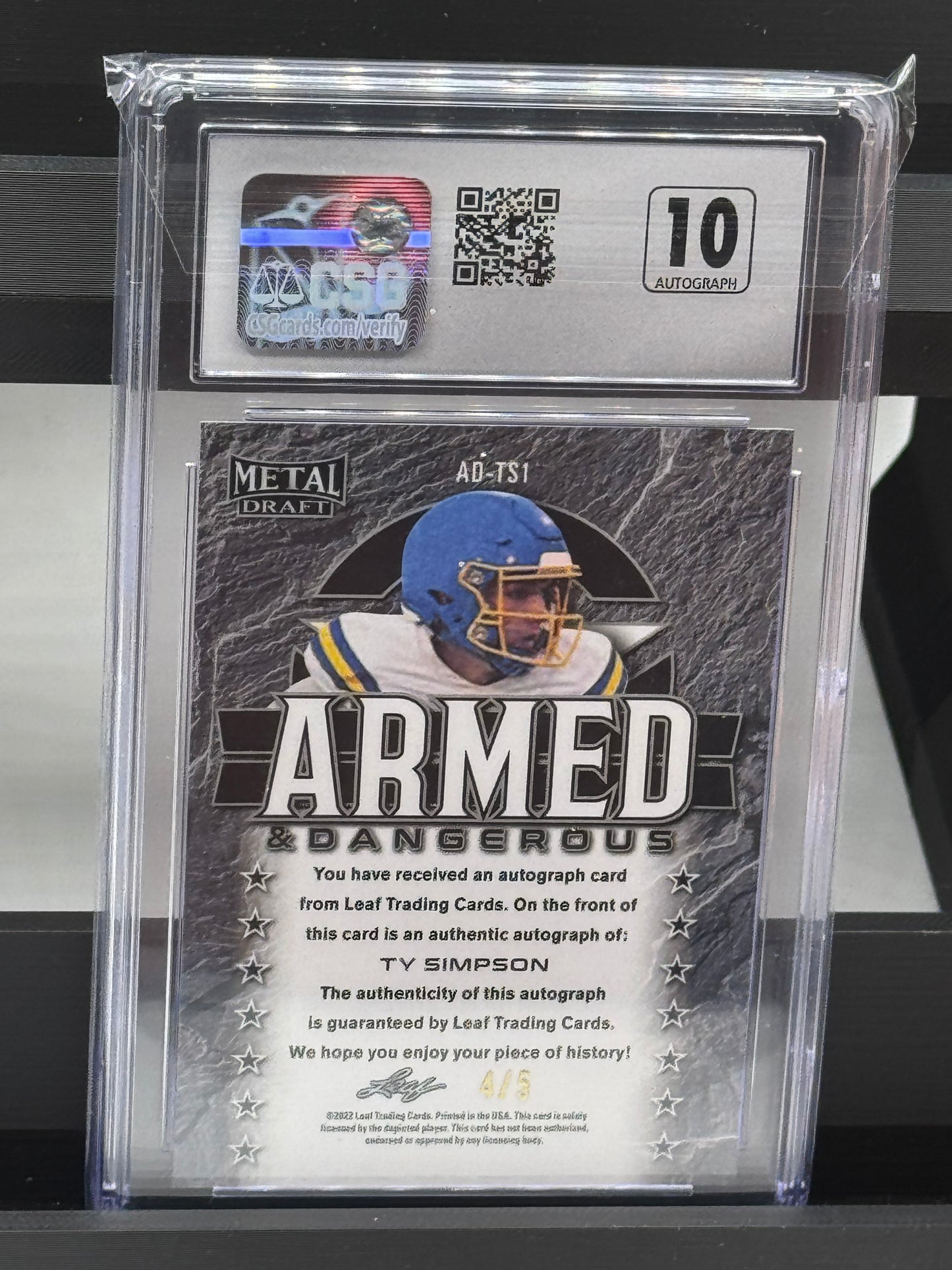 2022 Leaf Metal Draft Armed & Dangerous Autographs #AD-TS1 Ty Simpson Tiger Crystals 4/5 CSG 9 Alabama Crimson Tide