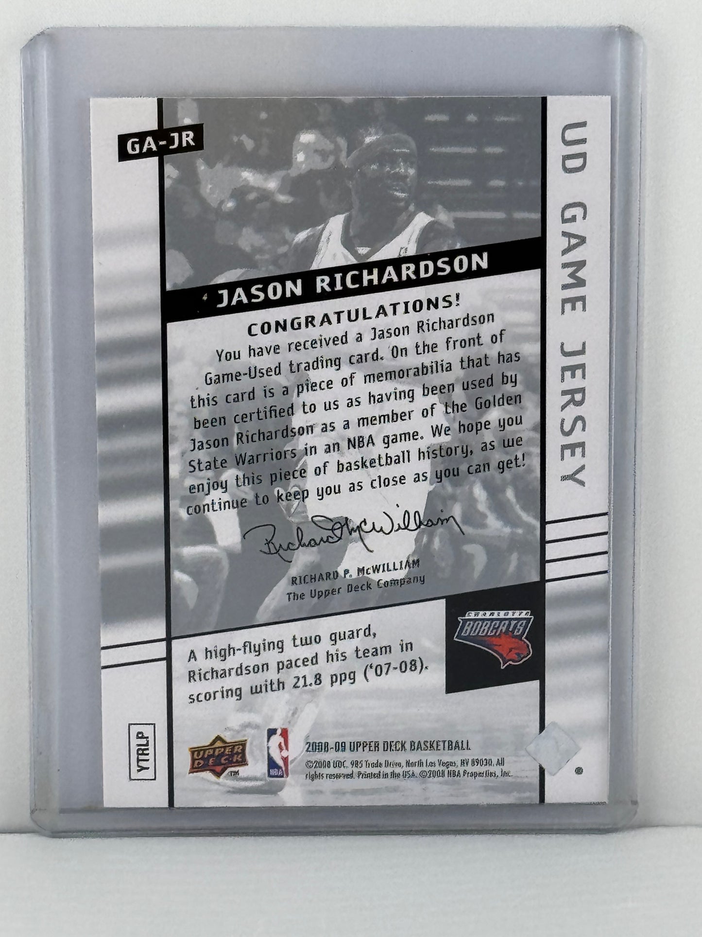 2008 Upper Deck #GA-JR Jason Richardson Game Worn Charlotte Bobcats