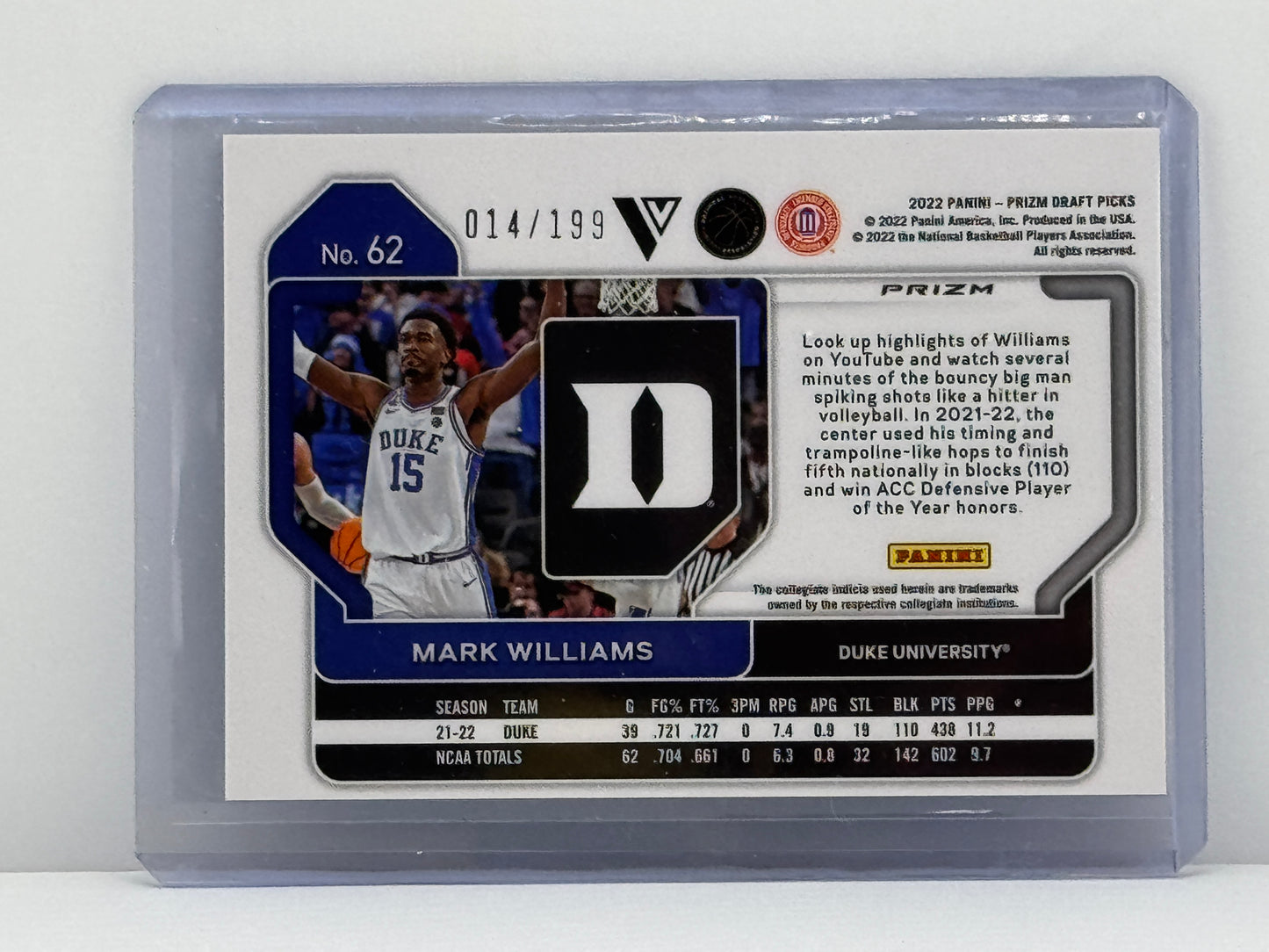 2022 Prizm Draft Picks #62 Mark Williams Blue Prizm 14/199 Charlotte Hornets