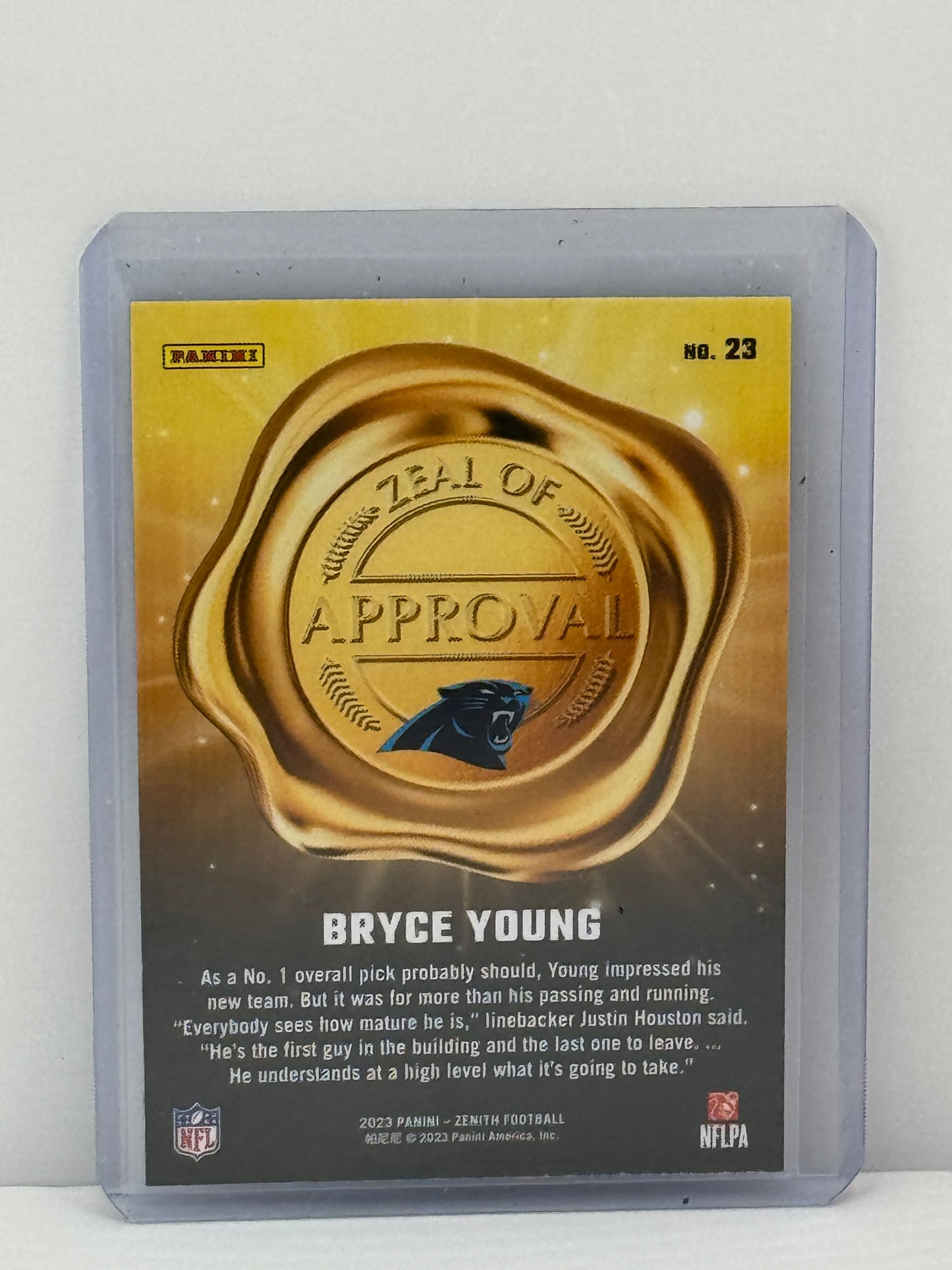 2023 Panini Zenith #23 Bryce Young Zeal of Approval Blue RC Carolina Panthers