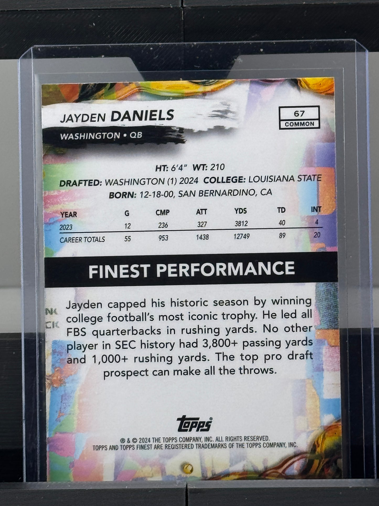 2024 Topps Finest #67 Common Jayden Daniels RC Washington Commanders Washington Commanders