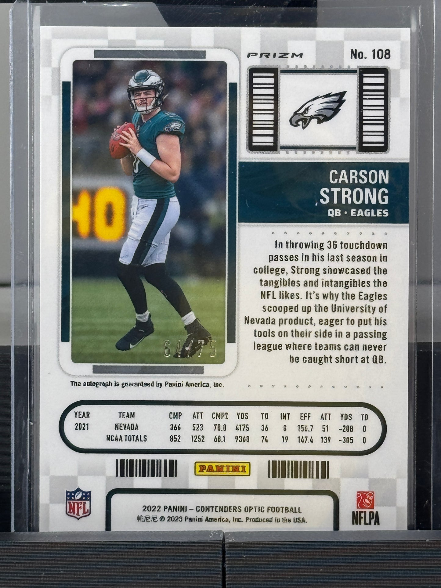 2022 Panini Contenders Optic #108 Carson Strong Auto Blue Prizm 64/75 Philadelphia Eagles