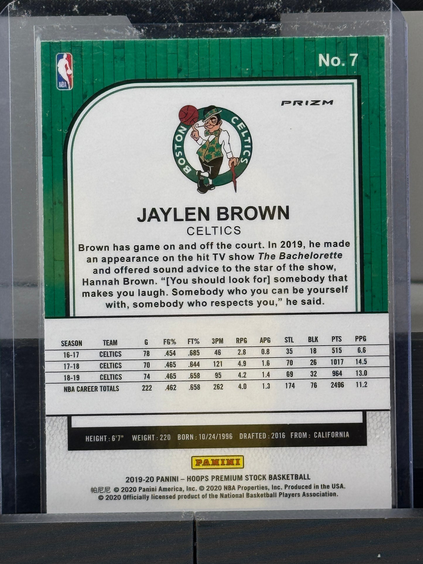 2019-20 Panini Hoops Premium Stock #7 Jaylen Brown Silver Boston Celtics