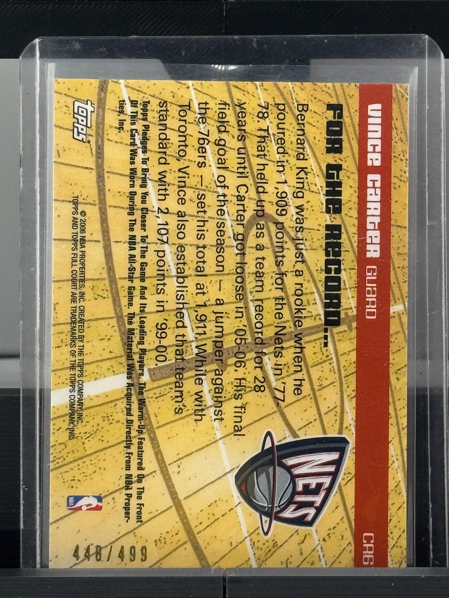 2006 Topps Full Court #CA6 Vince Carter Game Worn Patch 448/499 New Jersey Brooklyn Nets