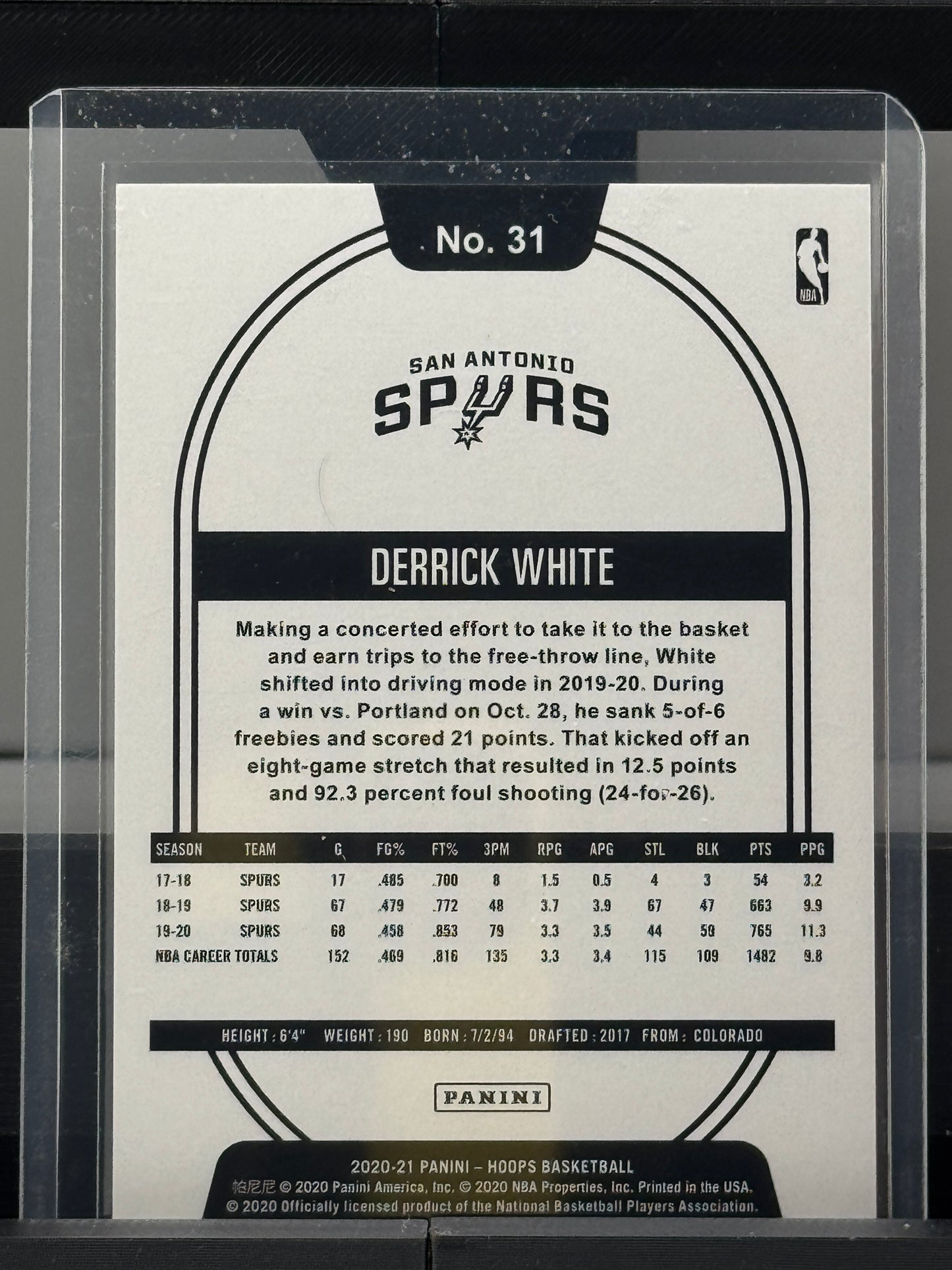 2020-21 Panini Hoops #31 Derrick White 100/199 San Antonio Spurs