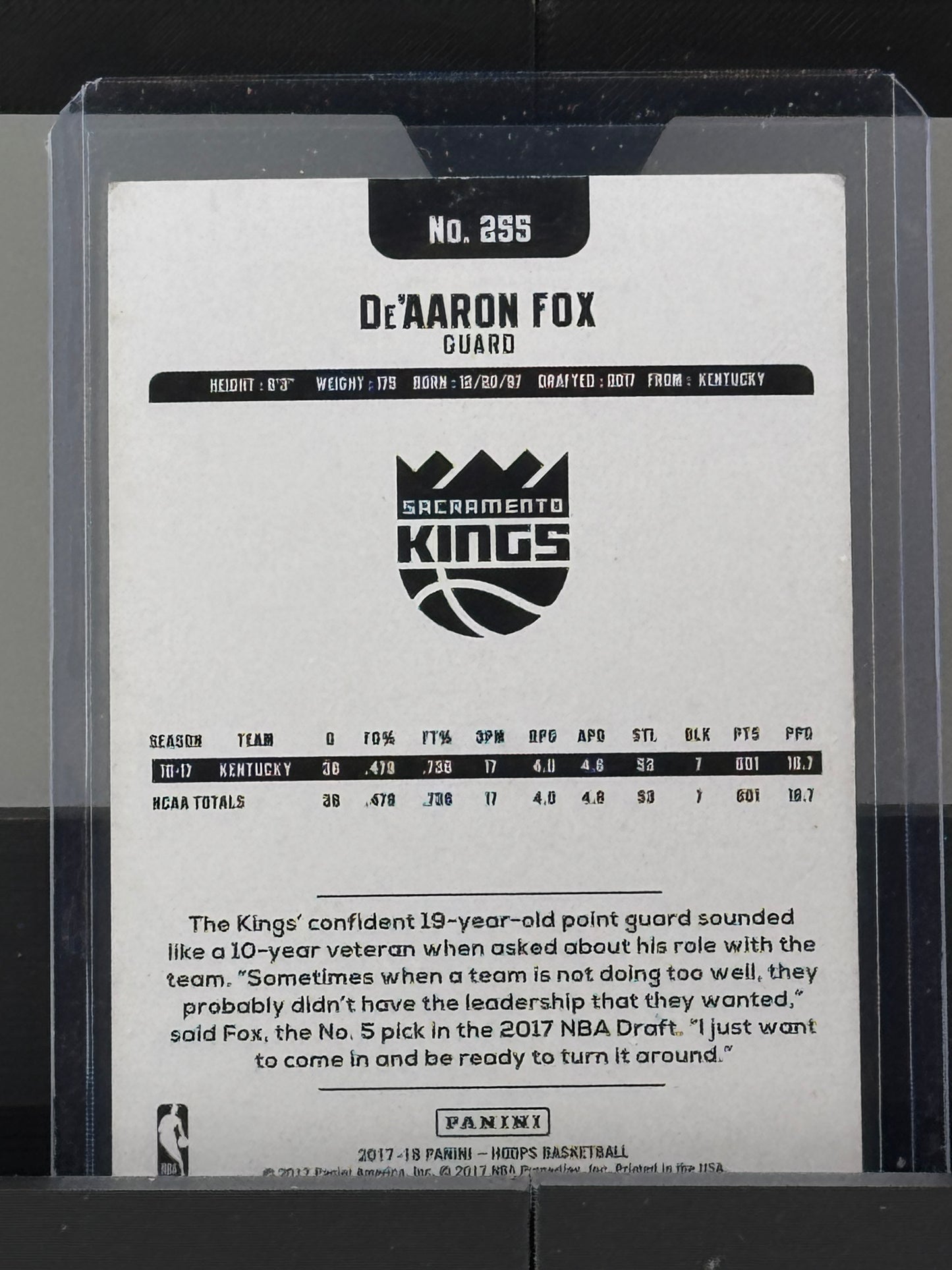 2017-18 Panini NBA Hoops #255 DeAaron Fox RC Sacramento Kings