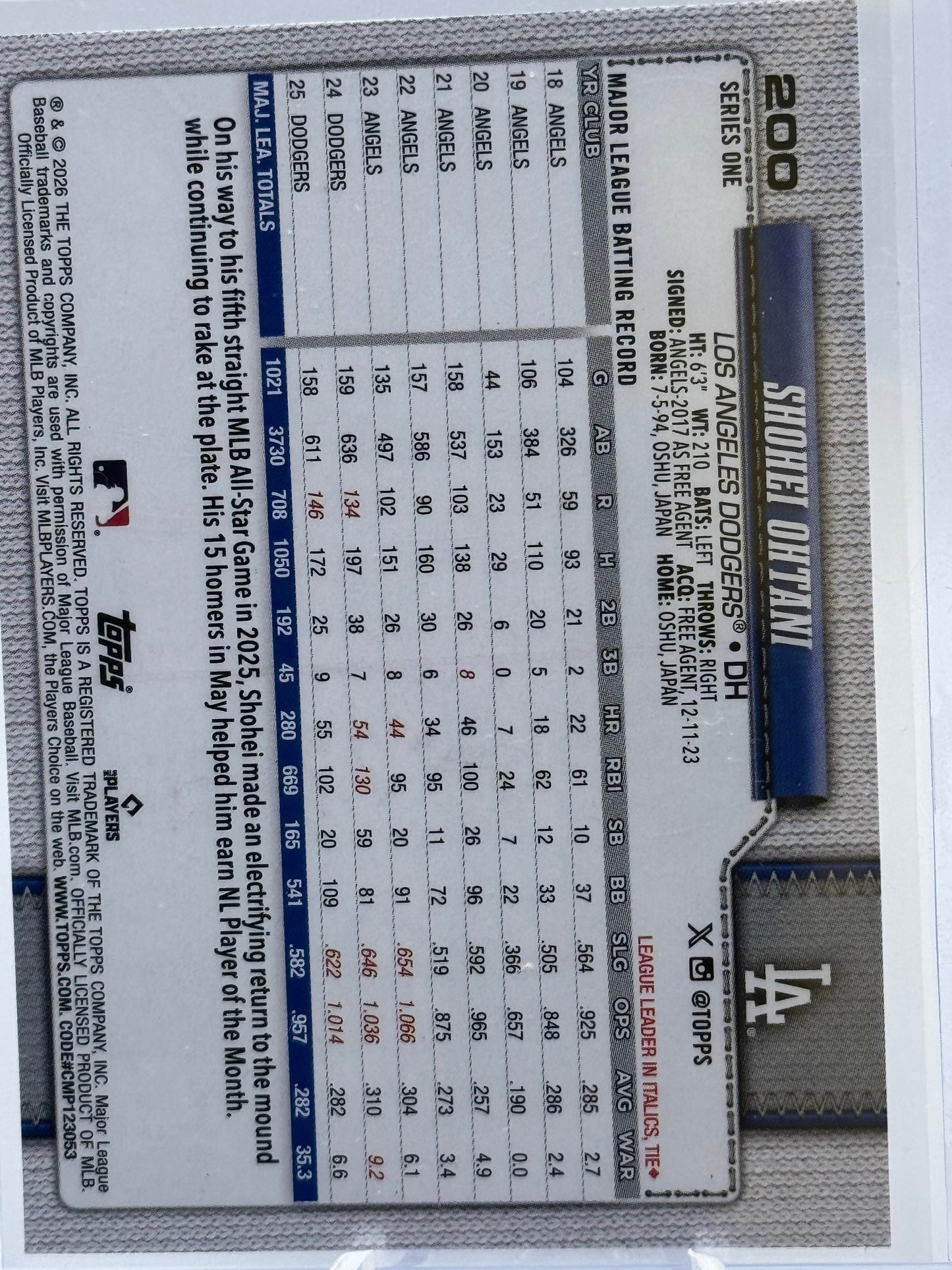 2026 Topps Series One #200 Shohei Ohtani Los Angeles Dodgers