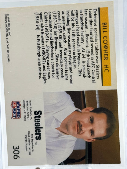 1992 Pro Set #306 Bill Cower Head Coach On Card Autograph Pittsburgh Steelers