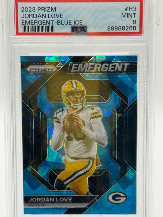 2023 Panini Prizm #H3 Jordan Love Emergent Blue Ice 12/99 PSA 9 Green Bay Packers