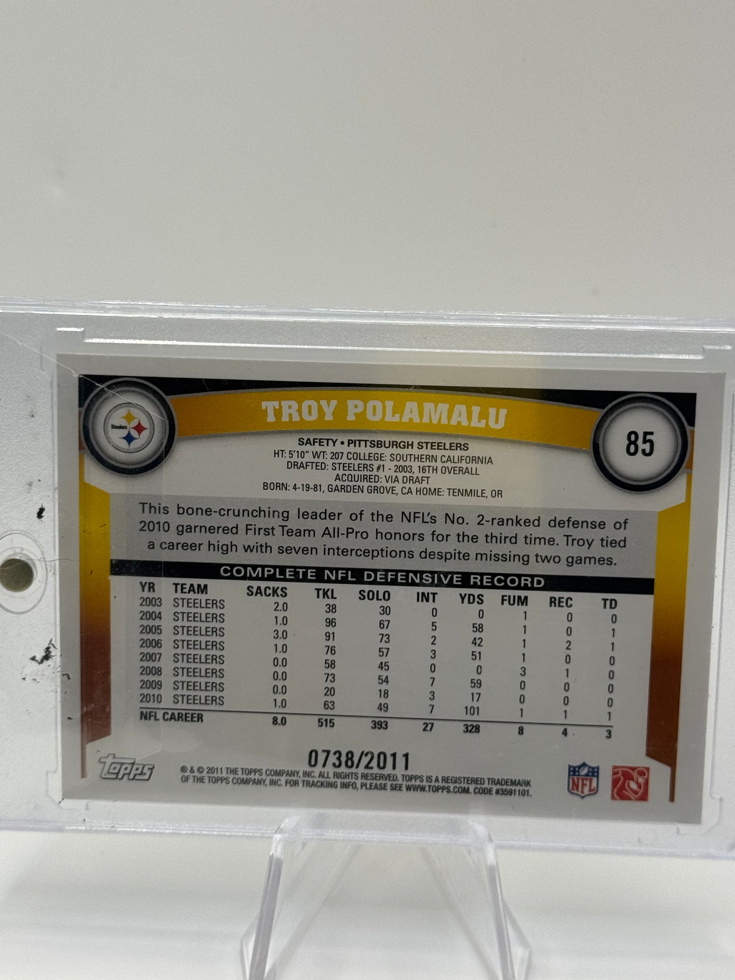 2011 Topps #85 Troy Polamalu Gold 738/2011 Pittsburgh Steelers