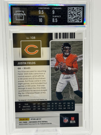 2021 Panini Contenders Optic #108 Justin Fields Rookie Ticket Auto Silver Arena Club 9 Chicago Bears