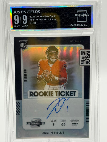 2021 Panini Contenders Optic #108 Justin Fields Rookie Ticket Auto Silver Arena Club 9 Chicago Bears