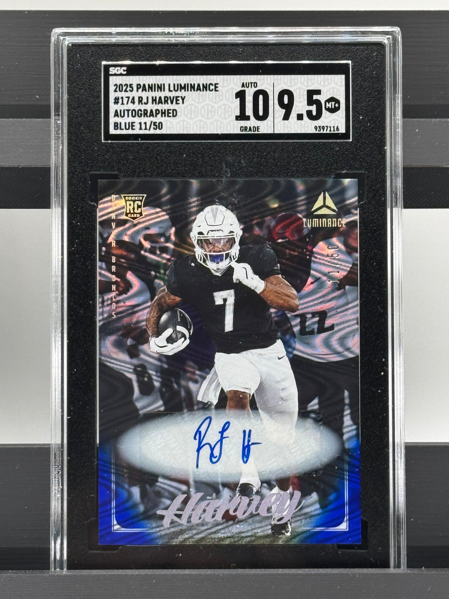 2025 Panini Luminance #174 Rj Harvey Auto Blue RC 11/50 SGC 9.5 Auto 10 Denver Broncos