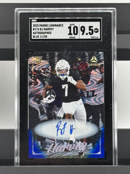 2025 Panini Luminance #174 Rj Harvey Auto Blue RC 11/50 SGC 9.5 Auto 10 Denver Broncos