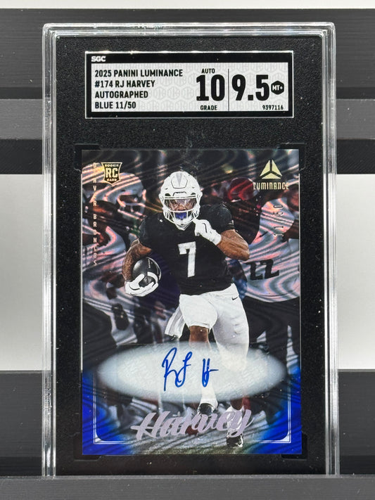 2025 Panini Luminance #174 Rj Harvey Auto Blue RC 11/50 SGC 9.5 Auto 10 Denver Broncos