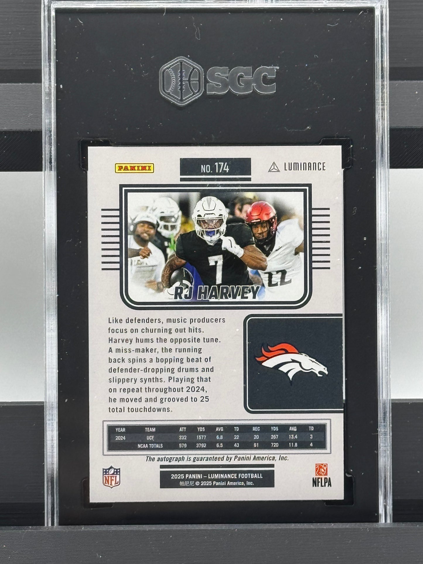 2025 Panini Luminance #174 Rj Harvey Auto Blue RC 11/50 SGC 9.5 Auto 10 Denver Broncos