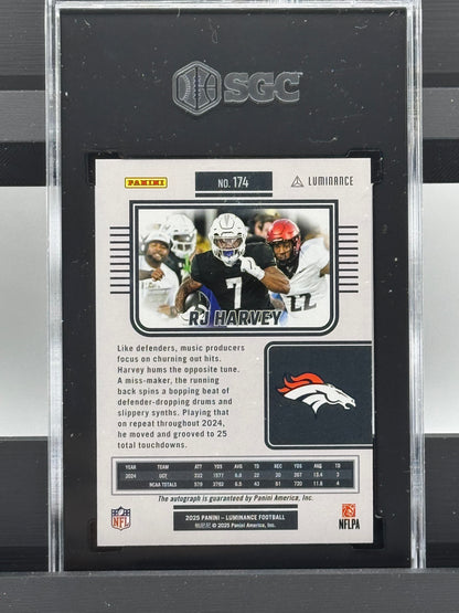 2025 Panini Luminance #174 Rj Harvey Auto Blue RC 11/50 SGC 9.5 Auto 10 Denver Broncos
