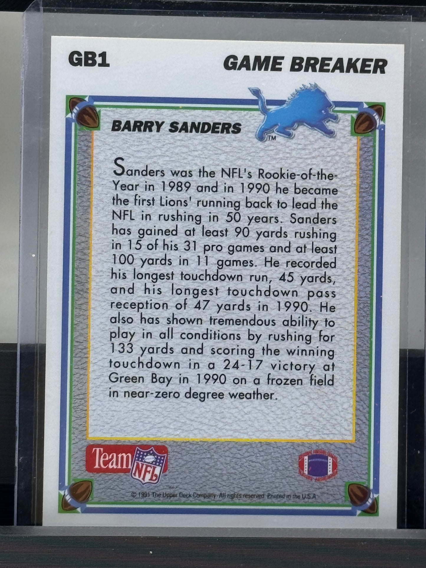 1991 Upper Deck #GB1 Barry Sanders game Breaker Hologram Detroit Lions