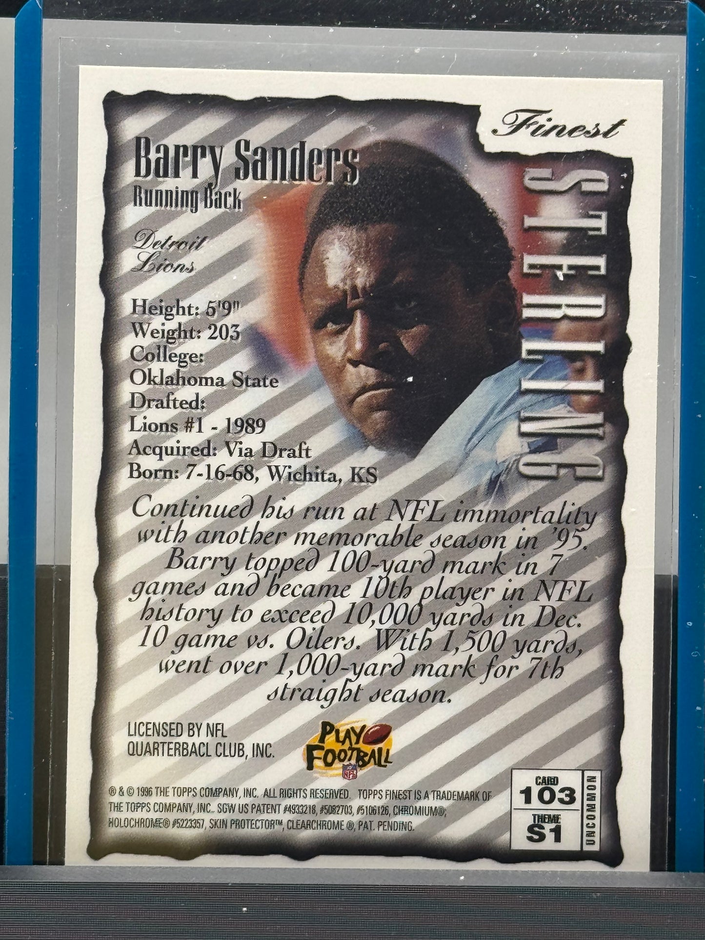 1996 Topps Finest Sterling #103 S1 Uncommon Barry Sanders Detroit Lions