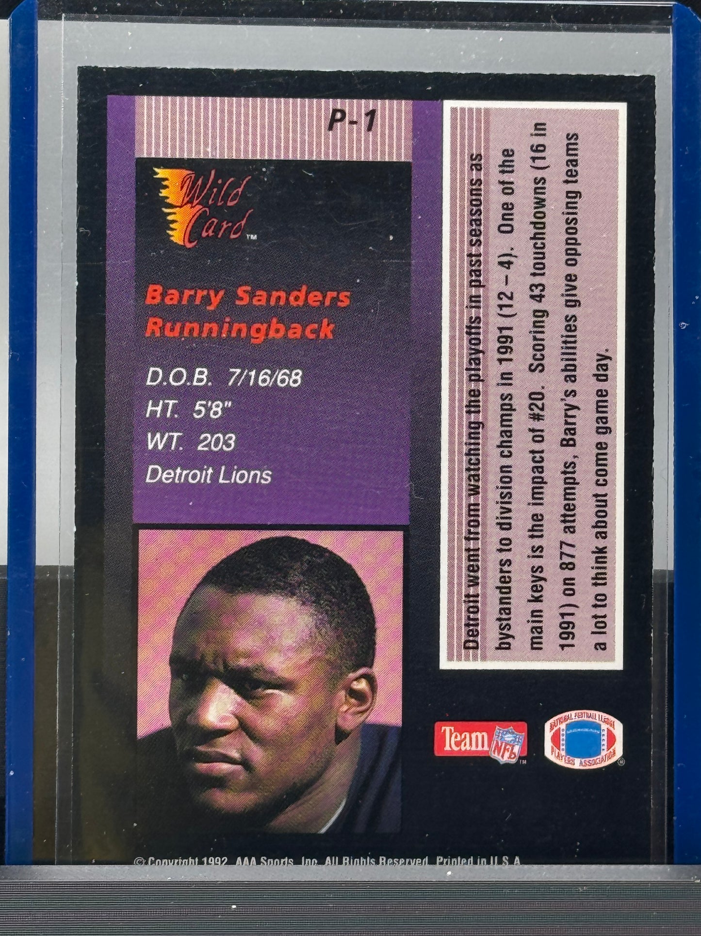 1992 Wild Card # P-1 Barry Sanders Stat Smasher Detroit Lions