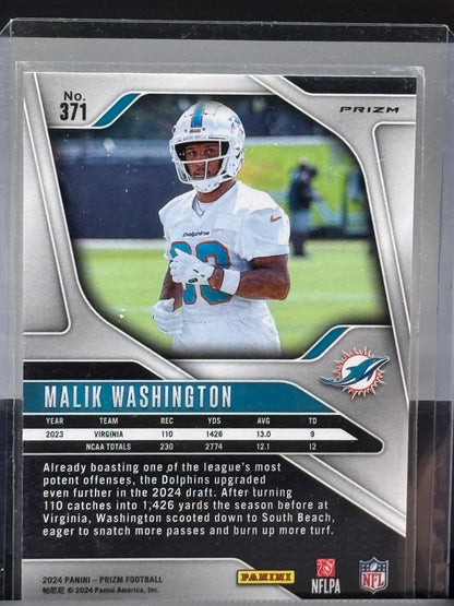 2024 Panini Prizm #371 Malik Washington Pink Prizm RC Miami Dolphins