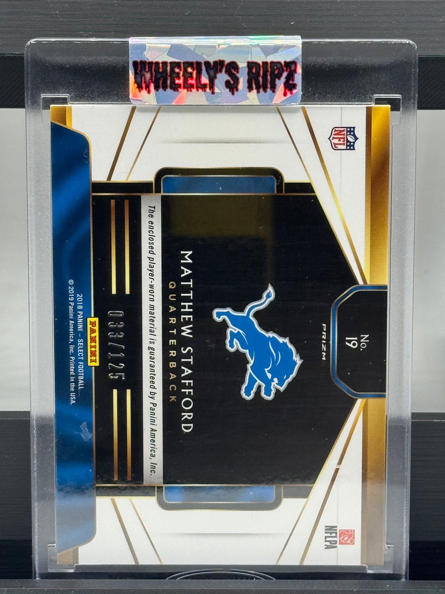 2018 Panini Select #19 Matthew Stafford Game Worn Patch 33/125 Detroit Lions
