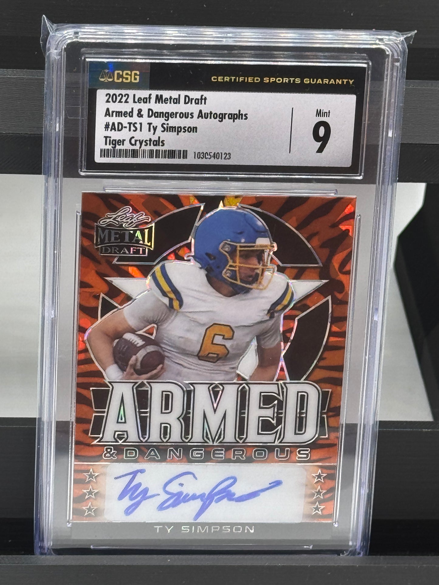 2022 Leaf Metal Draft Armed & Dangerous Autographs #AD-TS1 Ty Simpson Tiger Crystals 4/5 CSG 9 Alabama Crimson Tide