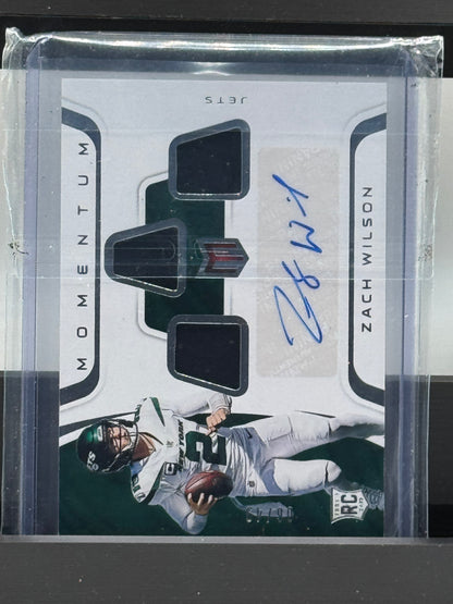 2021 Panini Chronicles Momentum # MJA-ZW1 Zach Wilson Rookie Patch Auto RPA 6/49 New York Jets Dolphins
