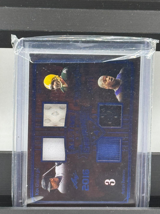 2019 Leaf #ATE4-01 All-Time Enshrined 4 card In the Game Used Ken Griffey Jr. / Shaquille Oneal / Allen Iverson / Brett Favre 16/30