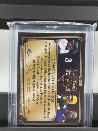 2019 Leaf #ATE4-01 All-Time Enshrined 4 card In the Game Used Ken Griffey Jr. / Shaquille Oneal / Allen Iverson / Brett Favre 16/30