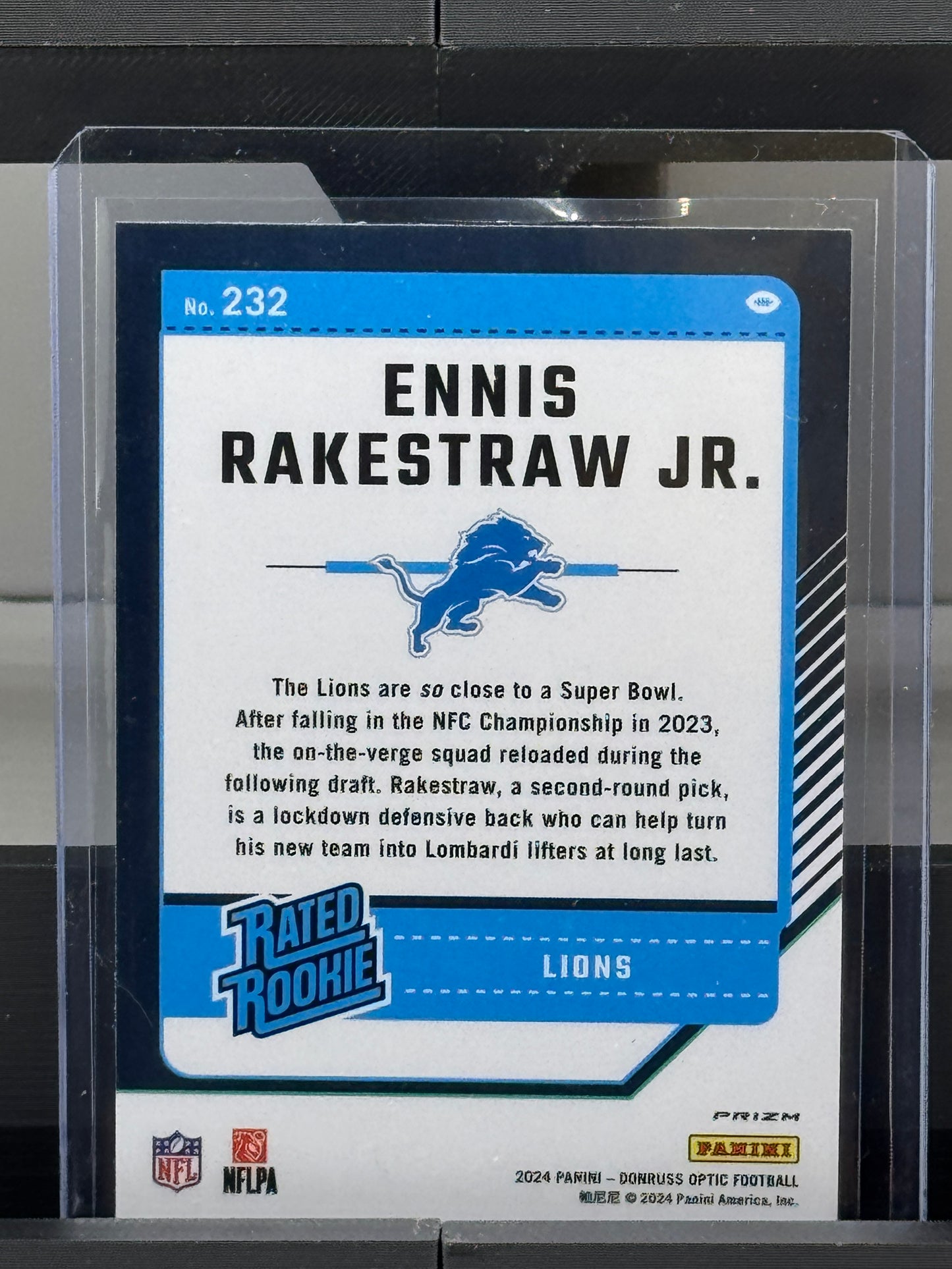 2024 Donruss Optic #232 Ennis Rakestraw Jr. Blue Hyper Prizm RC Detroit Lions