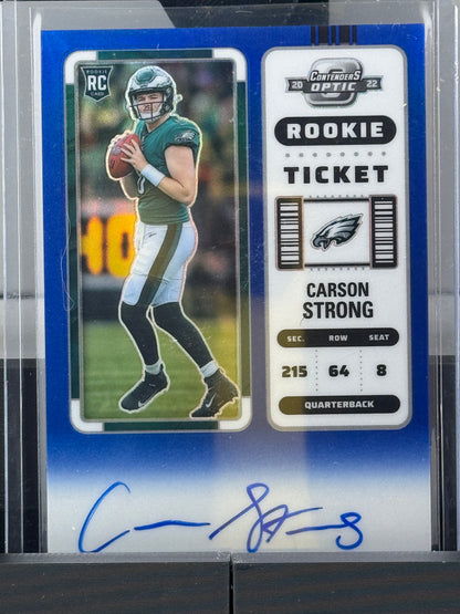 2022 Panini Contenders Optic #108 Carson Strong Auto Blue Prizm 64/75 Philadelphia Eagles
