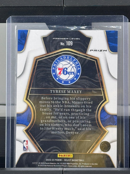 2022-23 Select #109 Tyrese Maxey Premier Level Red White Blue Wave Prizm Philadelphia 76ers