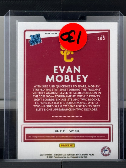 2021 Chronicles Donruss Optic Draft Picks #202 Evan Mobley Black Prizm RC Cleveland Cavaliers