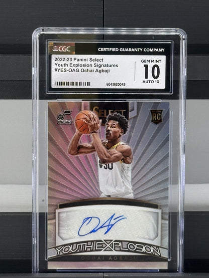 2022-23 Select #YES-OAG Ochai Agbaji Youth Explosion Signatures Silver Prizm RC Utah Jazz CGC 10 GM MINT