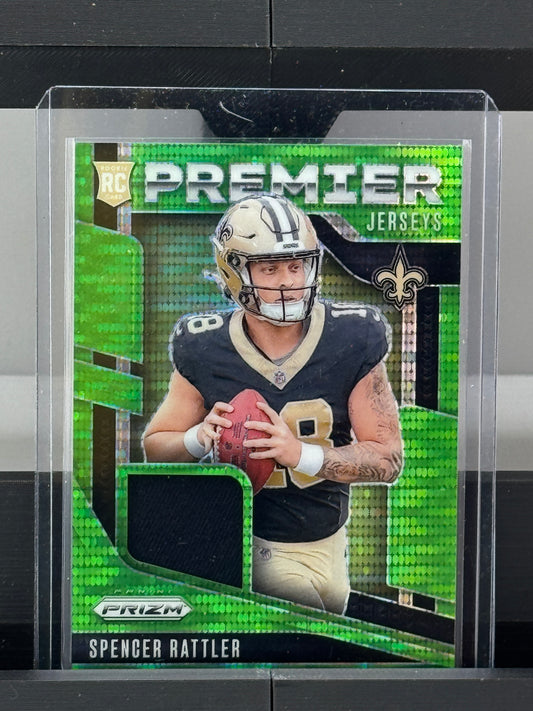 2024 Prizm #PJ-SRR Spencer Rattler Premier Jerseys Neon Green Pulsar New Orleans Saints