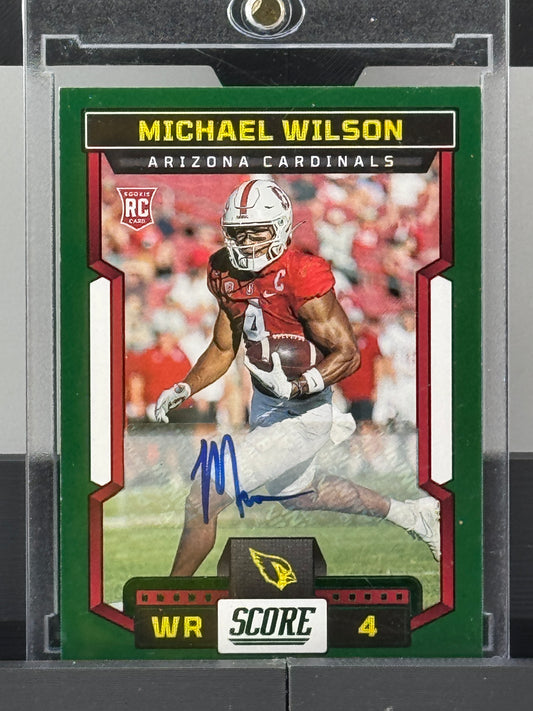 2023 Panini Score #362 Michael Wilson Green Signatures Auto RC Arizona Cardinals