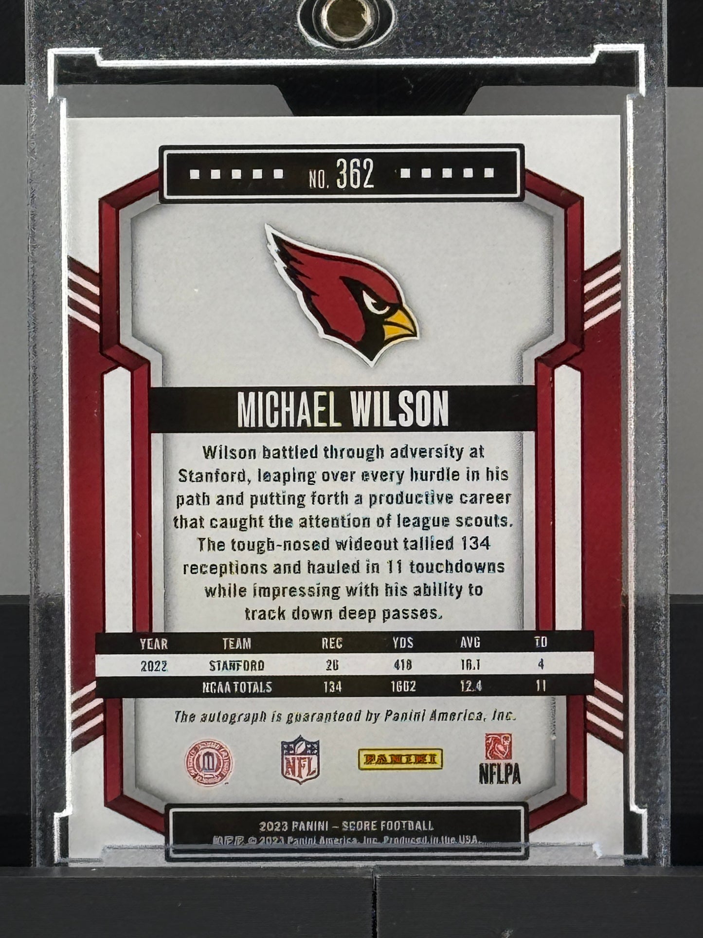 2023 Panini Score #362 Michael Wilson Green Signatures Auto RC Arizona Cardinals